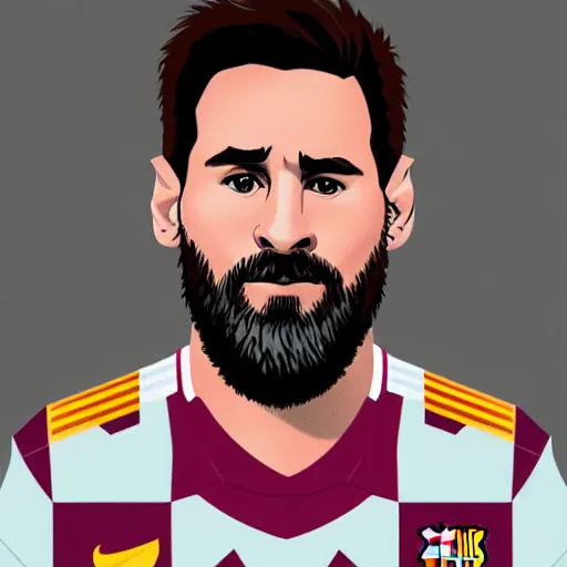 Prompt: Close-up portrait of Lionel Messi, long silver hair with a long beard, big nose, wearing a barca cape, katsuhiro tomo, pixel art