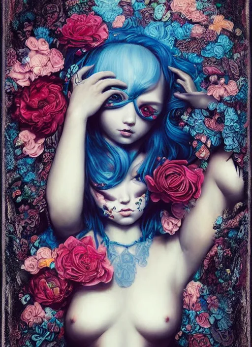 Image similar to pop surrealism, lowbrow art, realistic cute girl painting, blue body harness, japanese shibari with flowers, hyper realism, muted colours, rococo, natalie shau, loreta lux, tom bagshaw, trevor brown style,
