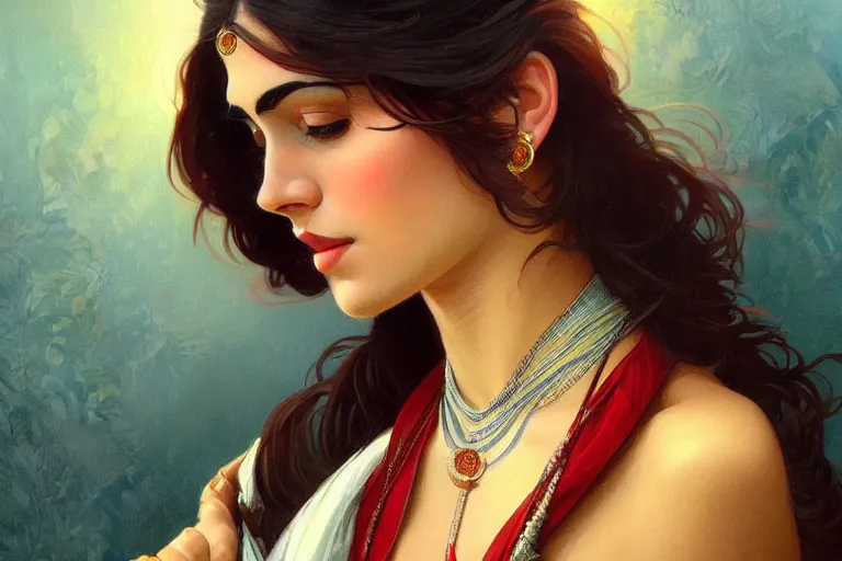 Image similar to sensual pale beautiful indian doctor in jeans, art deco portrait, elegant, intricate, digital painting, artstation, concept art, smooth, sharp focus, illustration, art by artgerm and greg rutkowski and alphonse mucha