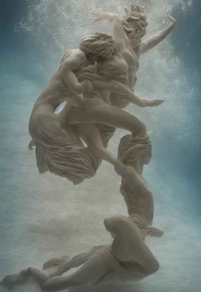 Prompt: an underwater dance between two lightning geometries. complementary colors. national geographic. 8 k, rendered in octane, smooth gradients. soft natural volumetric cinematic light. subsurface scattering. sculpture by antonio canova.