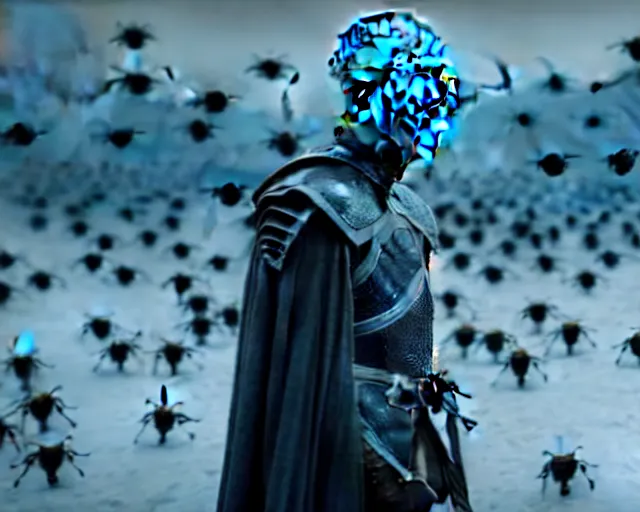 Prompt: justin sun as night king in game of thrones attacked by huge bee army, 4 k, epic, cinematic, focus, movie still, fantasy, extreme detail, atmospheric, dark colour, sharp focus