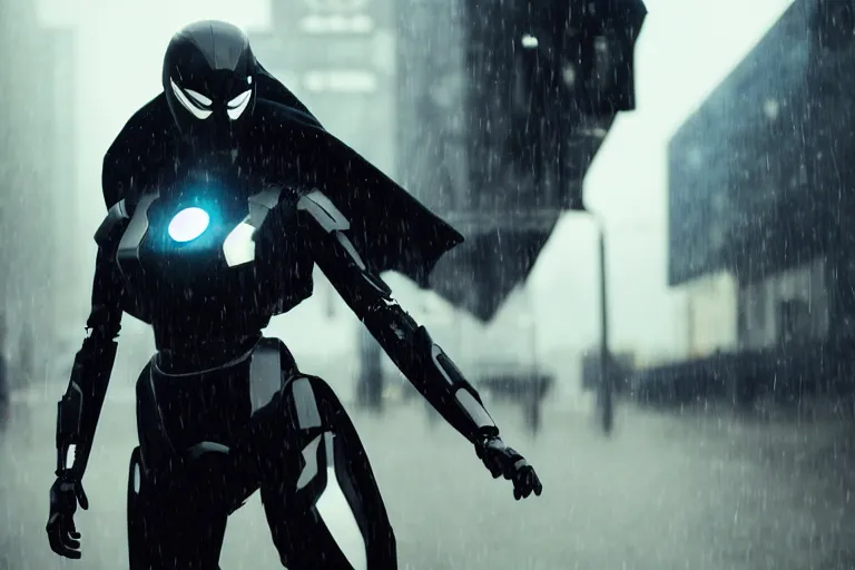 Image similar to vfx marvel sci-fi woman black super hero robot photo real full body action pose closeup, city street cinematic lighting, rain and fog by Emmanuel Lubezki