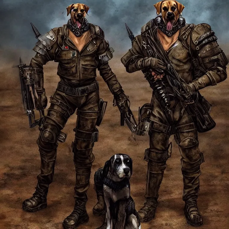 Image similar to a good ol'hound dog fursona ( from the furry fandom ), heavily armed and armored facing down armageddon in a dark and gritty version from the makers of mad max : fury road. witness me.