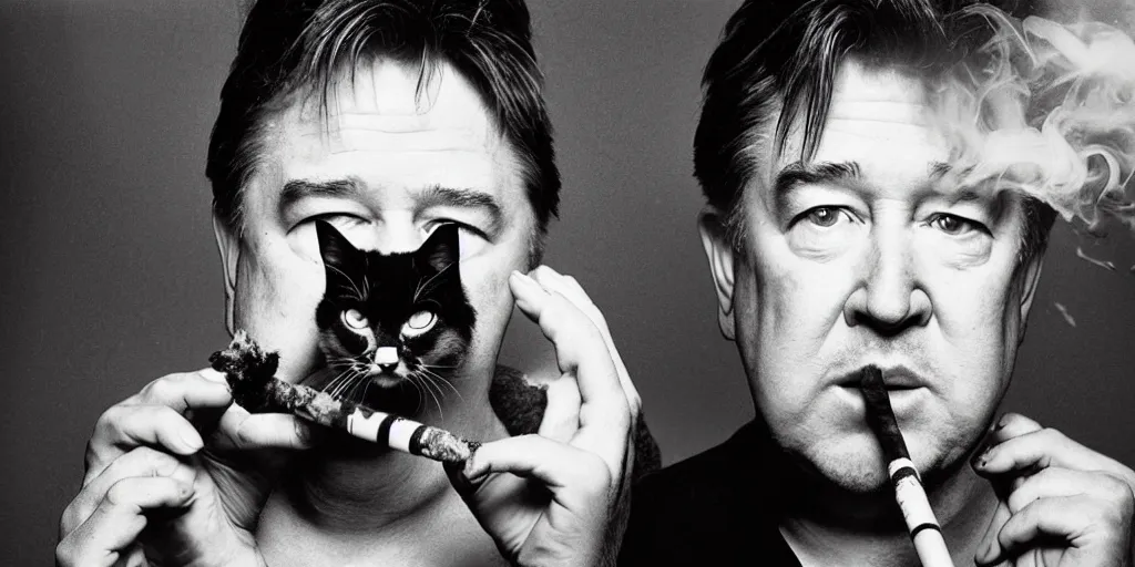 Image similar to award winning photo of BILL HICKS, david lynch, cute cat, smoking weed in new york, vivid colors, happy, symmetrical face, beautiful eyes, studio lighting, wide shot art by gregory crewdson, Sally Mann & Arnold Newman