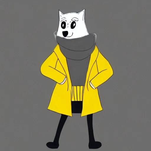 Prompt: lineart of a silly grey wolf wearing a yellow raincoat