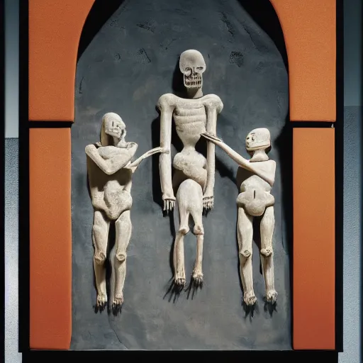 Image similar to evocative play doh, mesoamerican by piero della francesca. in the center of the sculpture is a large gateway that seems to lead into abyss of darkness. on either side of the gateway are two figures, one a demon - like creature, the other a skeletal figure.