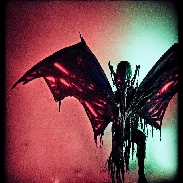 Image similar to a dark artistic photo of an alien creature with crazy wings, liminal eerie midnight backlit, big budget horror, a polaroid photo, bleeding decaying colors!