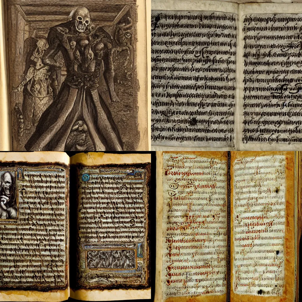 Prompt: The contents of this foul manuscript of ineffable wickedness are the meat and drink of those in evil’s thrall. No mortal was meant to know the secrets it contains, knowledge so horrid that to even glimpse the scrawled pages invites madness. Most believe the lich-god Vecna authored the Book of Vile Darkness. He recorded in its pages every diseased idea, every unhinged thought, and every example of blackest magic he came across or devised. Vecna covered every vile topic he could, making the book a gruesome catalog of all mortal wrongs. Other practitioners of evil have held the book and added their own input to its catalog of vile knowledge. Their additions are clear, for the writers of later works stitched whatever they were writing into the tome or, in some cases, made notations and additions to existing text. There are places where pages are missing, torn, or covered so completely with ink, blood, and scratches that the original text can’t be divined. Nature can’t abide the book’s presence. Ordinary plants wither in its presence, animals are unwilling to approach it, and the book gradually destroys whatever it touches. Even stone cracks and turns to powder if the book rests on it long enough.