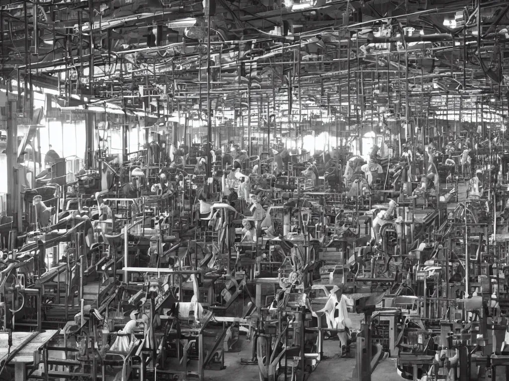 Prompt: industrial revolution inside weaving factory