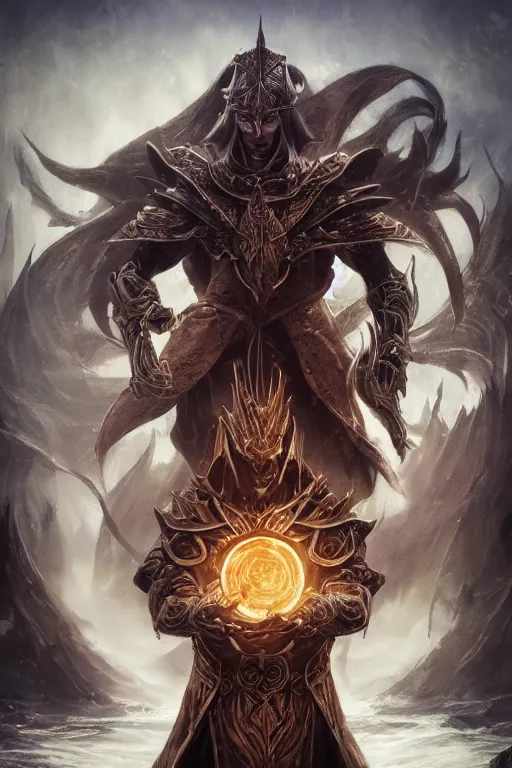 Image similar to an ultra detailed 3 d render of saladin as an elden ring boss, epic anime fantasy, 8 k, in the style of a fantasy metal album cover and magic the gathering, volumetric lighting, smooth, highly detailed, digital illustration, octane render, art by jeong seon and greg rutkowsi, artstation