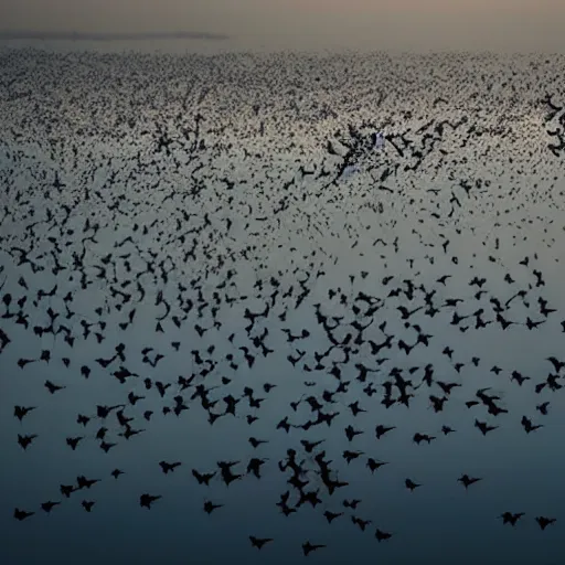 Prompt: swarm of bats flying around an arm rising from a misty lake, dawn light, high resolution photograph, nature documentary, national geographic, award winning