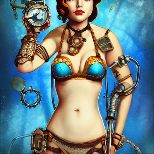 Image similar to lofi underwater bioshock steampunk bikini portrait, Pixar style, by Tristan Eaton Stanley Artgerm and Tom Bagshaw.