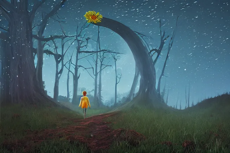 Image similar to giant daisy flower as a head, girl walking forest, big trees, hills, surreal photography, dark night, star trails, moon light, impressionist painting, clouds, digital painting, artstation, simon stalenhag