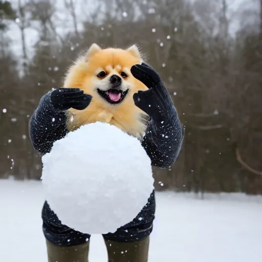 Prompt: a person throwing a snowball that looks like a pomeranian