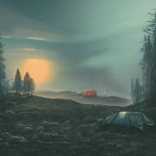 Image similar to highly detailed landscape with two boys camping with nuclear plant in the background 1 9 8 0 s science fiction, 1 9 7 0 s science fiction, cyberpunk, moody, misty, depth perception, 4 k, artstation