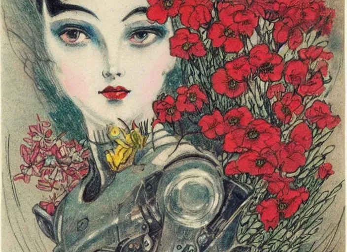 Image similar to Louis Icart, an old elaborate colored drawing of a robot with flowers coming out its head, highly detailed, masterpiece