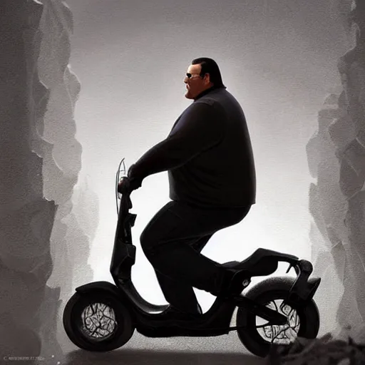 Image similar to obese Steven Seagal riding a scooter, amazing splashscreen artwork, splash art, natural light, elegant, intricate, fantasy, atmospheric lighting, cinematic, matte painting, by Greg rutkowski