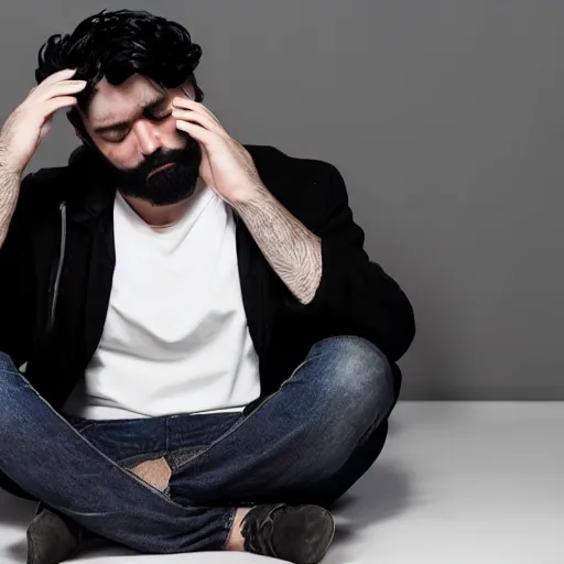 Image similar to a man with black hair and beard, wearing a black jacket, white shirt and jeans, sitting in an empty white room, devastated, rendered in unreal engine