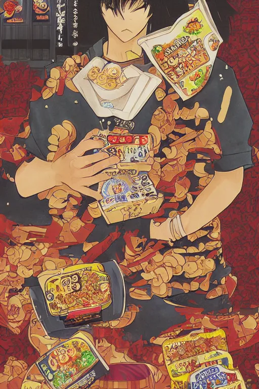 Image similar to manga cover, intricate cereal boxes background, cereal, emotional lighting, character illustration by tatsuki fujimoto