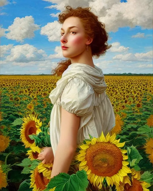 Image similar to a girl slowly walking through amazing tall sunflower field, hair flowing, early morning lightning, bad weather approaching, oil on canvas, artstation, by j. c. leyendecker and edmund blair leighton and charlie bowater, beautiful face, octane, very aesthetic!!!!!!!!!!!!!!!