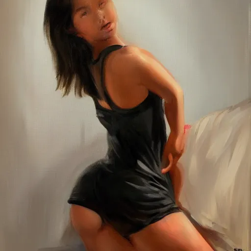 Image similar to A oiled painting of a young girl in a black top bending her legs on the bed and looking into the camera by NEMO Art, Artstation.