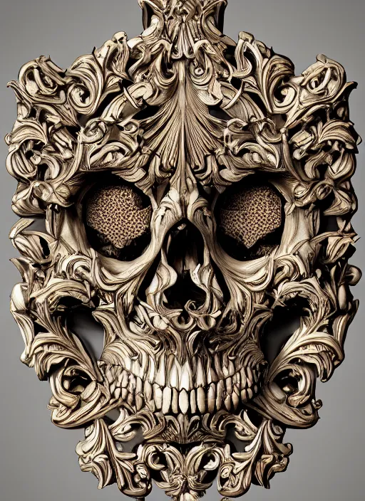 Prompt: hyper realistic photography of intricate baroque skull ornament relief leaves, cinematic, symmetric detailed, artstation, cgsociety