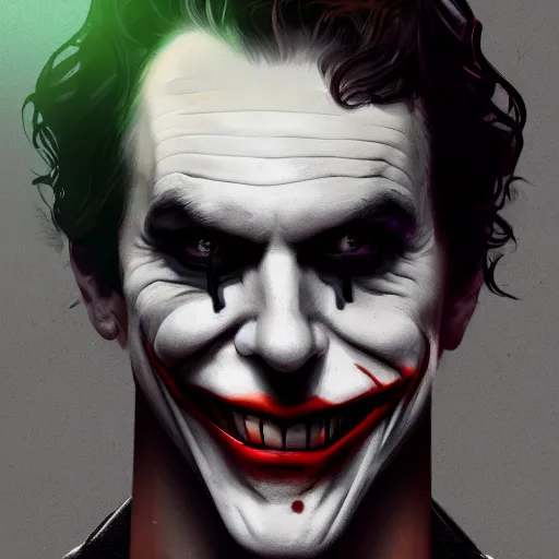 Image similar to portrait of broken joker, intricate, photoreal elegant, highly detailed, centered, grungy, digital painting, artstation, concept art, smooth, sharp focus,