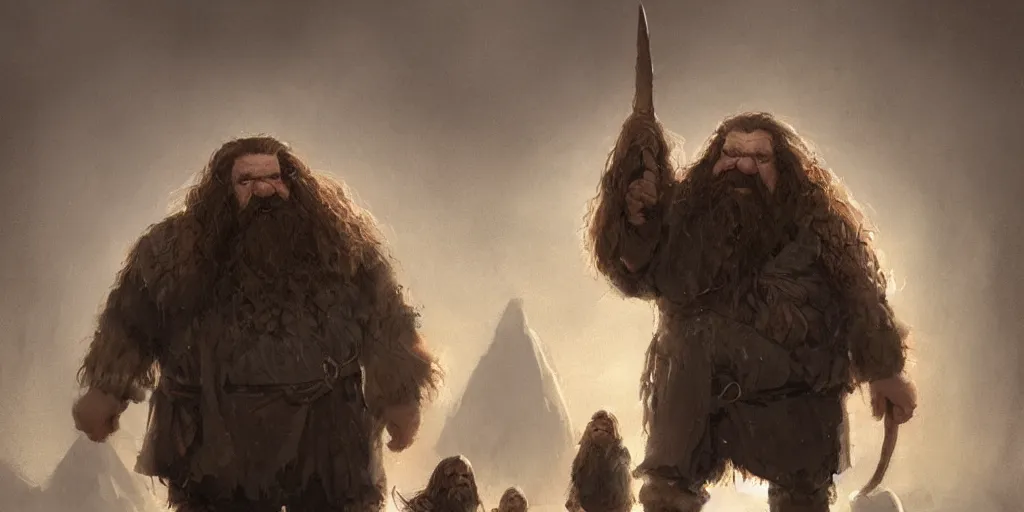 Prompt: gimli, hagrid, two people, dwarf, giant, character design, greg rutkowski