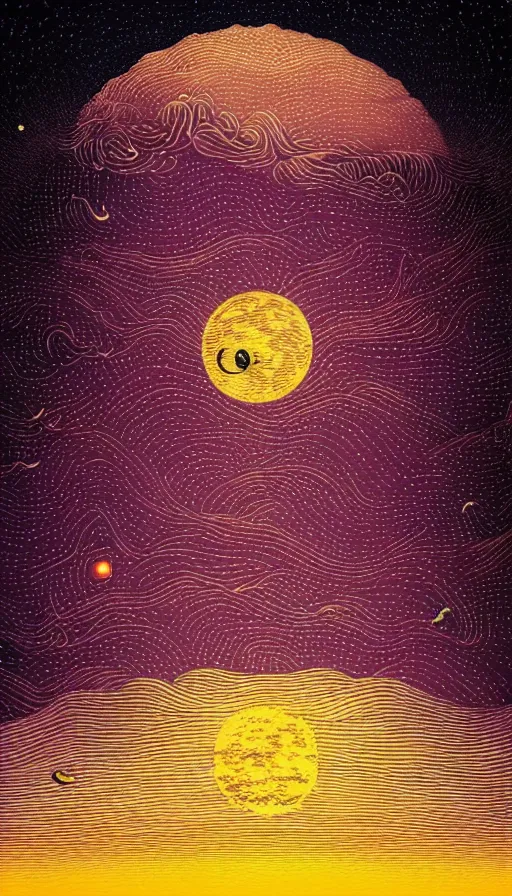 Image similar to harvest moon floating on cosmic cloudscape full of million fireflies, futurism, dan mumford, victo ngai, kilian eng, da vinci, josan gonzalez