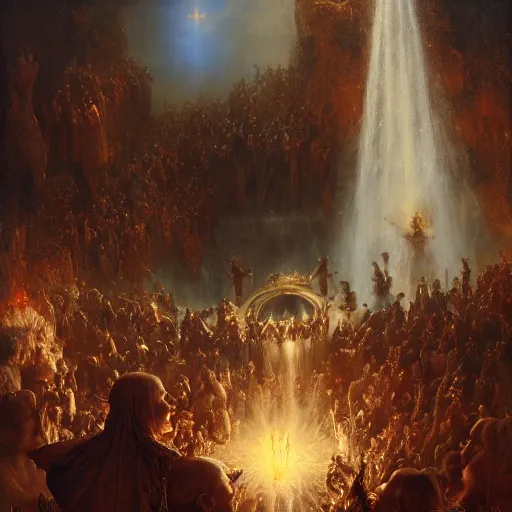 Image similar to alvah angelrune water portal to hell located in heaven, crowd of people, rule of thirds, 4 k, dark bright effect, highly detailed painting by gaston bussiere, craig mullins, j. c. leyendecker