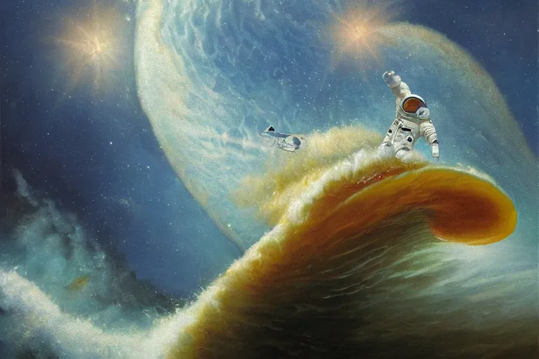 Image similar to an astronaut surfing waves in Jupiter ocean, beautiful, national geographic, very detailed, astrophotography, oil painting, canvas, Sandra Pelser, Jeff Lyons, Albert Bierstadt