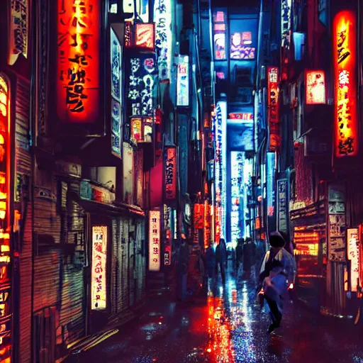 Prompt: hd, realistic, 4 k wide establishing shot of a tokyo alleyway, crowded, zombies, vertical neon signs, cyberpunk, ominous, threatening