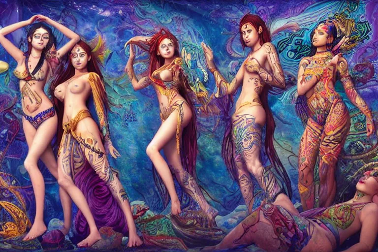 Image similar to a centered full body render of a harem alluring festival hippies with tribal tattoos surrounded by a underwater ink pour and flowing liquid galium and sacred geometry, perfect body face and hands, powerful, cinematic, beautifully lit, by artgerm, by karol bak, by donato giancola, 3 d, trending on artstation, octane render, 8 k