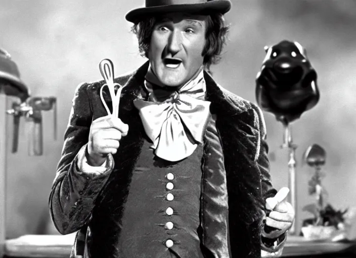 Image similar to film still of Robin Williams as Willy Wonka in Willy Wonka and the Chocolate Factory 1971