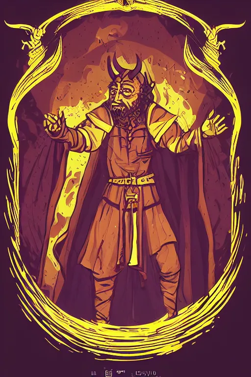 Image similar to Portrait of a devil that is a wizard casting a spell , wizard, medieval, sticker, colorful, casting epic spell, magic the gathering artwork, D&D, fantasy, artstation, heroic pose, illustration, highly detailed, simple, smooth and clean vector curves, no jagged lines, vector art, smooth