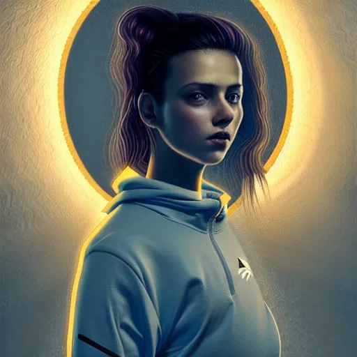 Prompt: portrait of attractive slav heroine wearing an addidas tracksuit with a phone in hand. illuminated phone screen, slav building backrounds, by greg rutkowski and wlop, detailed, cinematic, 8 k, intricate, rule of thirds.