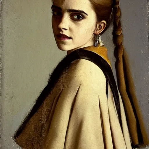 Prompt: portrait of Emma Watson in a classisistic dress, painted by Johannes Vermeer