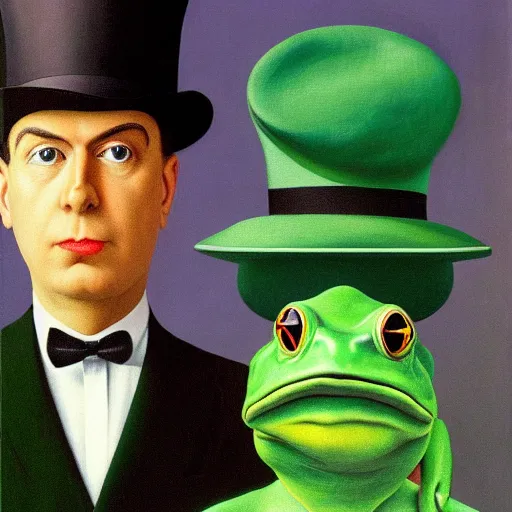 Prompt: frog wearing 🎩 by René Magritte, detailed, 4k