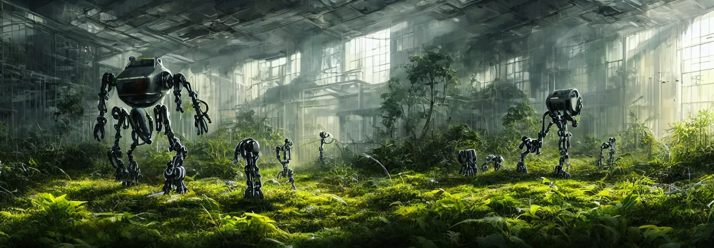 Prompt: brightly sunlit partially overgrown with plants and recently abandoned chemistry scientific laboratory from the distant future staffed by one dysfunctional dilapidated multiarmed bipedal robot, science fiction industrial hard science concept art, 8K render octane high definition cgsociety