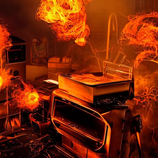 Image similar to cyborg toaster oven repairman, dark messy smoke - filled cluttered workshop, dark, dramatic lighting, orange tint, sparks, plasma rays, cinematic, highly detailed, sci - fi, futuristic, movie still