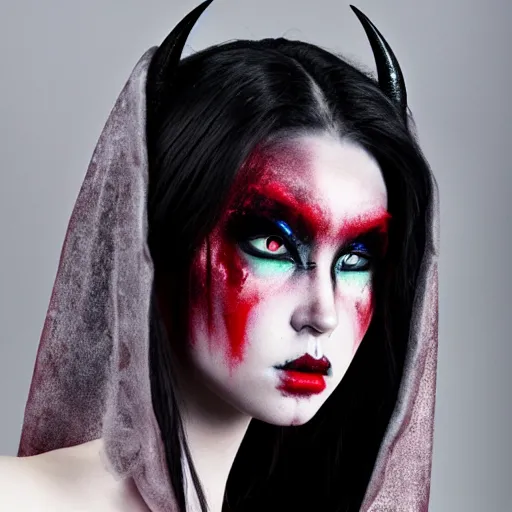 Image similar to a demon inspired by love created by the make up artist hungry, photographed by andrew thomas huang, cinematic, expensive visual effects