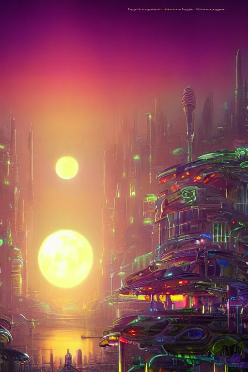 Image similar to full moon over futuristic city of light synthwave bright neon colors highly details cinematic vladimir kush, philippe dru, roger deal, michael whelan,