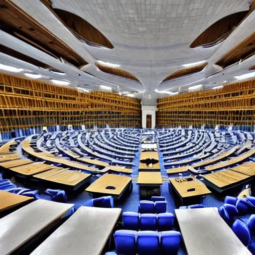 Image similar to the interior of the israeli parliament is outside in the middle of a building construction site, wide shot