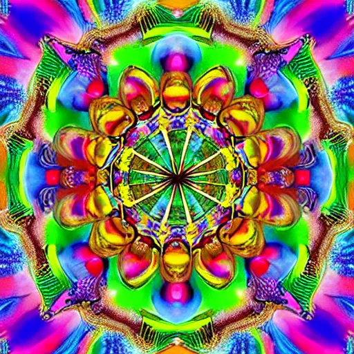 Image similar to “Four dimensional lotus mandala. Brightly coloured dripping Psychedelic kaleidoscope art, prize winning high definition linework structure, oil on water colour rainbow”