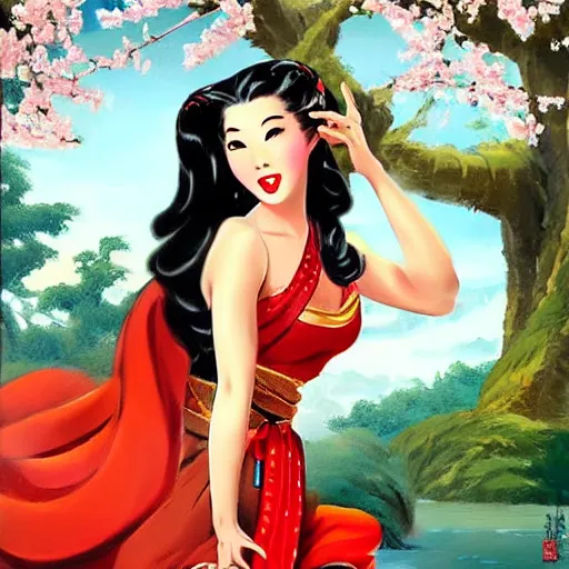 Prompt: pin - up portrait of a beautiful young mulan, pretty long hair, traditional dress, cherry blossoms, intense flirting, showing curves, symmetrical face, digital art, smooth, extremely detailed, model pose, by wu bayard, by gil elvgren, by ralph horsley, by hanks steve
