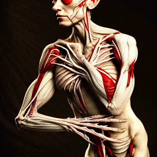 Image similar to female fairy with translucent skin, visible muscles and veins and arteries and bones and spine and nerves, beautiful detailed intricate insanely detailed octane render, 8K artistic photography, photorealistic, chiaroscuro, by David Cronenberg, Raphael, Caravaggio