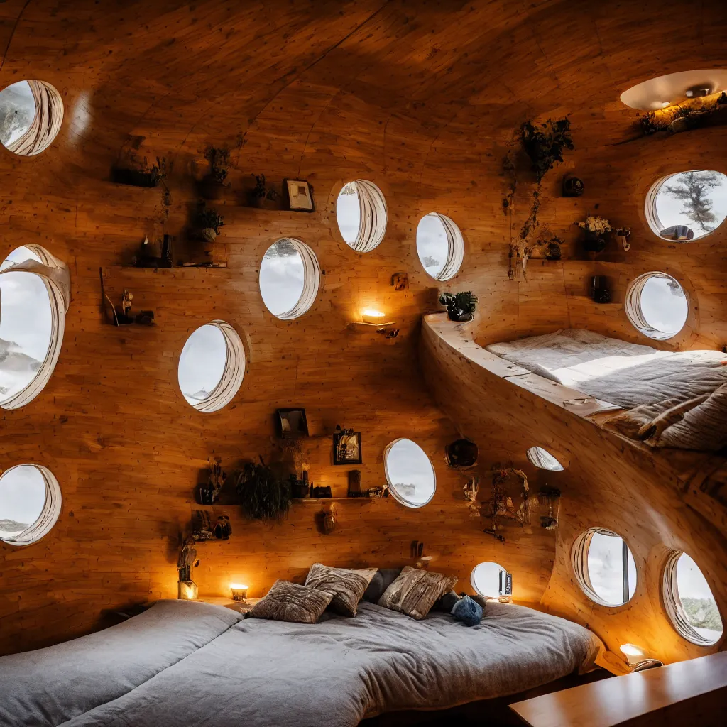 Prompt: inside cozy luxurious earthship sleep-pod with wall to wall padding and sound system, XF IQ4, 150MP, 50mm, F1.4, ISO 200, 1/160s, dawn