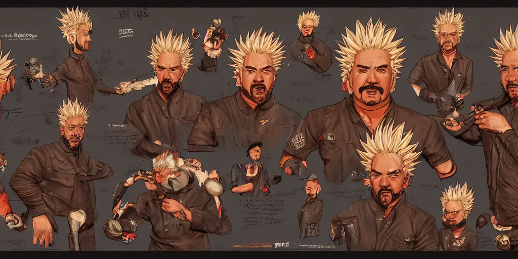 Image similar to guy fieri, character sheet, concept design, contrast, kim jung gi, greg rutkowski, zabrocki, karlkka, jayison devadas, trending on artstation, 8 k, ultra wide angle, pincushion lens effect