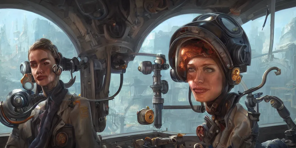 Image similar to highly detailed portrait painting of welder and angelina joile, mono eye window, by eddie mendoza and tyler edlin, 8 k resolution