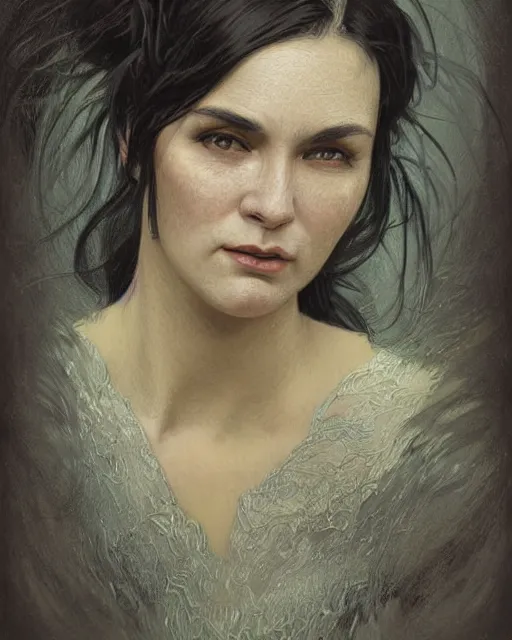 Image similar to portrait of a tall 4 0 - year - old woman with thin lips, long, lush unkempt black hair, and thick eyebrows, wearing in black clothes, hyper realistic face, beautiful eyes, close up, fantasy art, in the style of greg rutkowski, intricate, alphonse mucha, hyper detailed, smooth